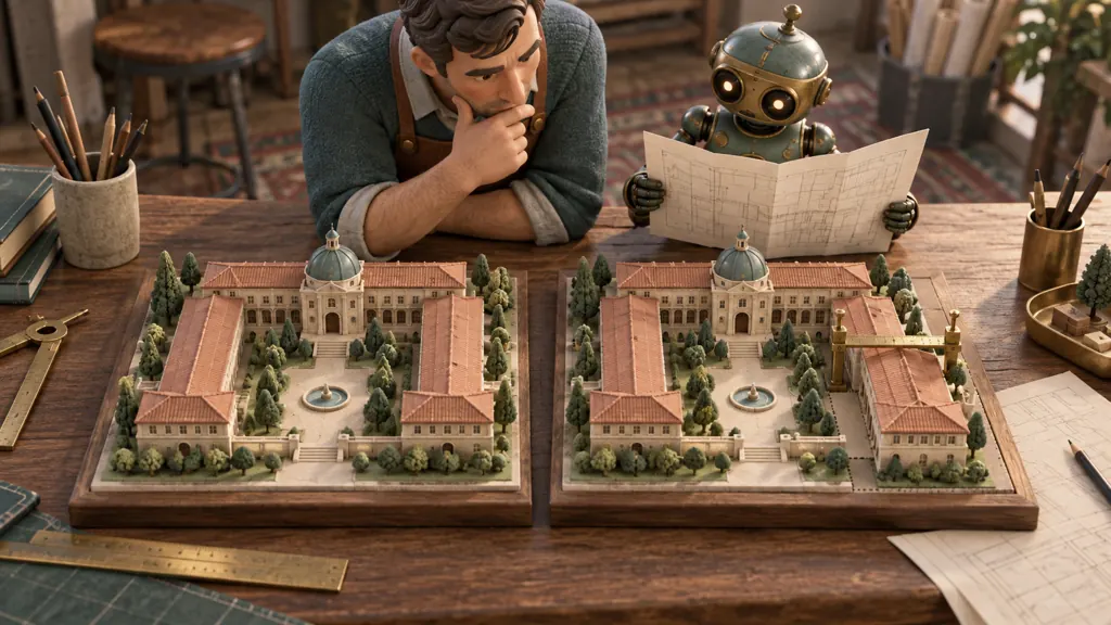 A miniature reviewer compares an original architectural model with a changed structure, using a measuring jig to reveal the moved section.