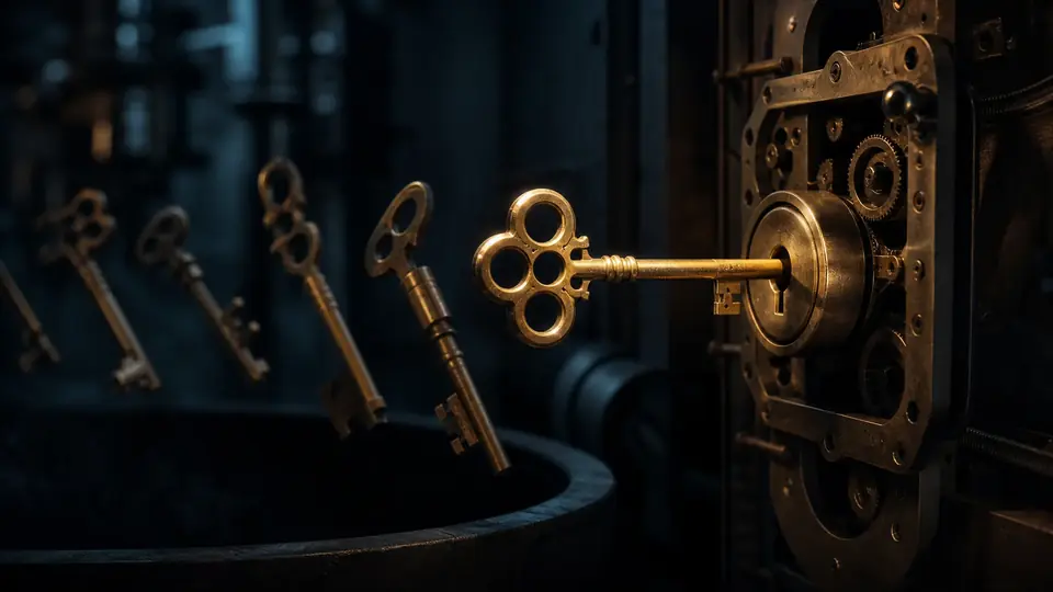 Surreal cinematic close-up of a brass key aligned with an exact mechanical lock while malformed keys are rejected into shadow