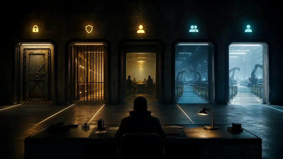 Cinematic surreal scene of five illuminated doors leading from an agent workspace toward execution hosts, with progressively fewer review barriers
