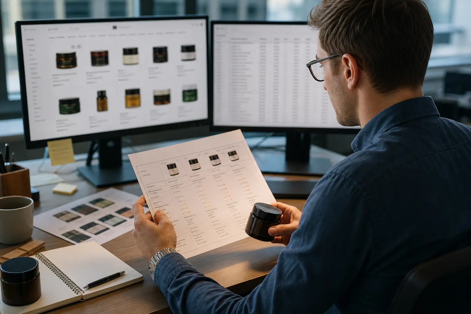 A market researcher checks a product sample against traceable web research and an organized data table.