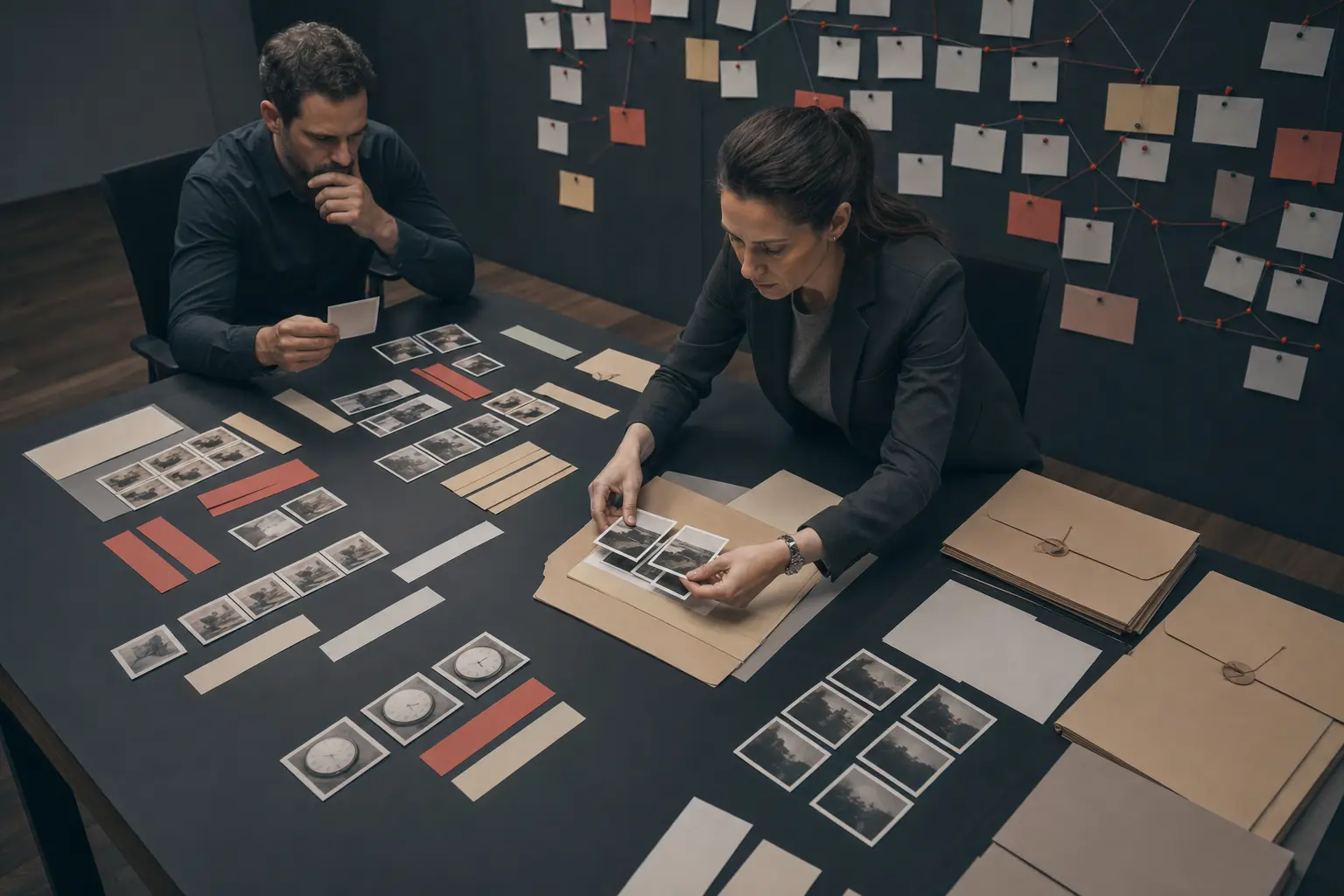 Two analysts organize repeated images, timing clues and blank evidence cards into one reviewable case file.