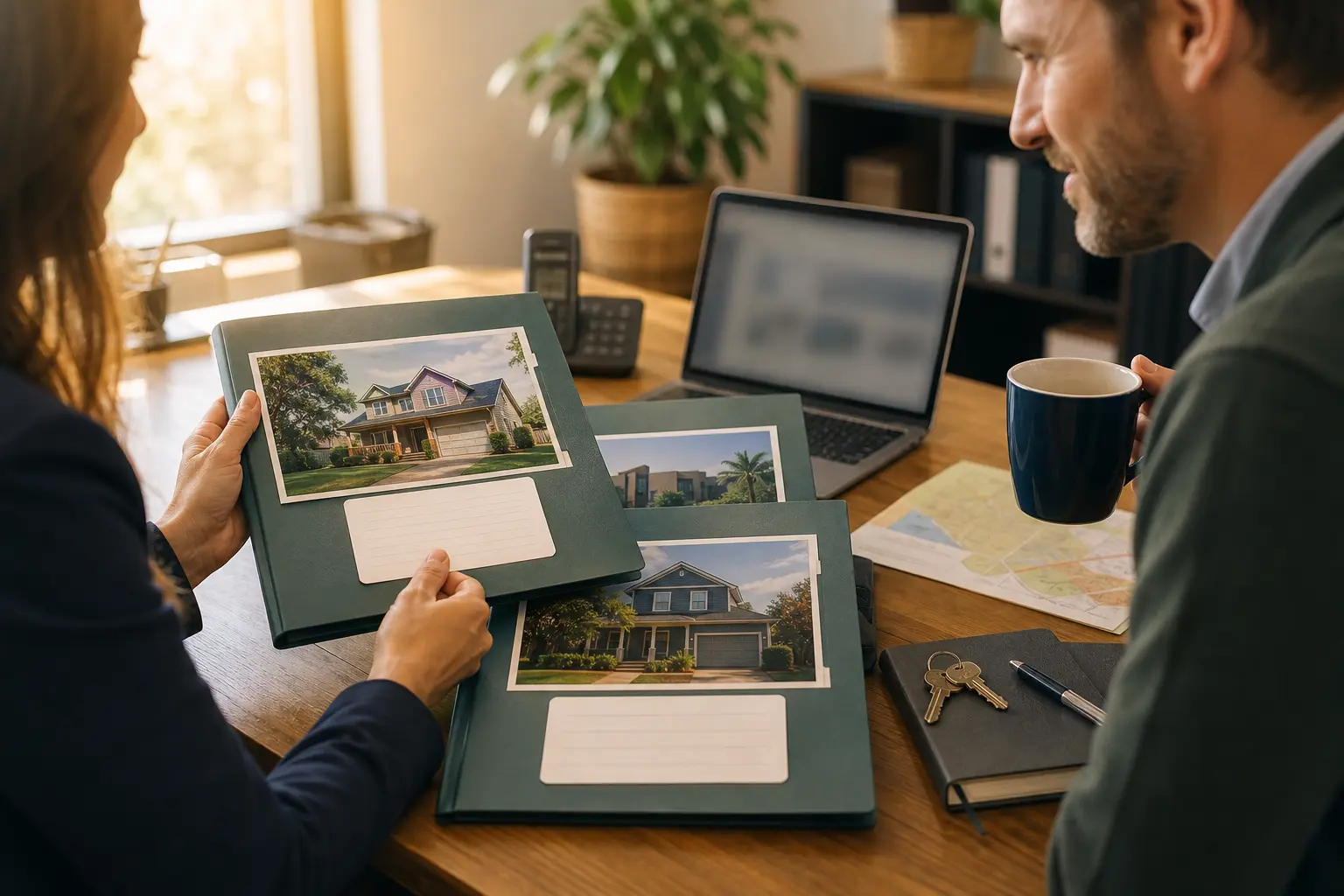 A real-estate professional reviews prioritized property and client folders with a colleague.