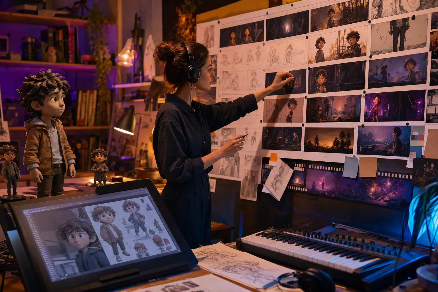 An animator directs a consistent character from sketches through storyboard frames and soundtrack production.