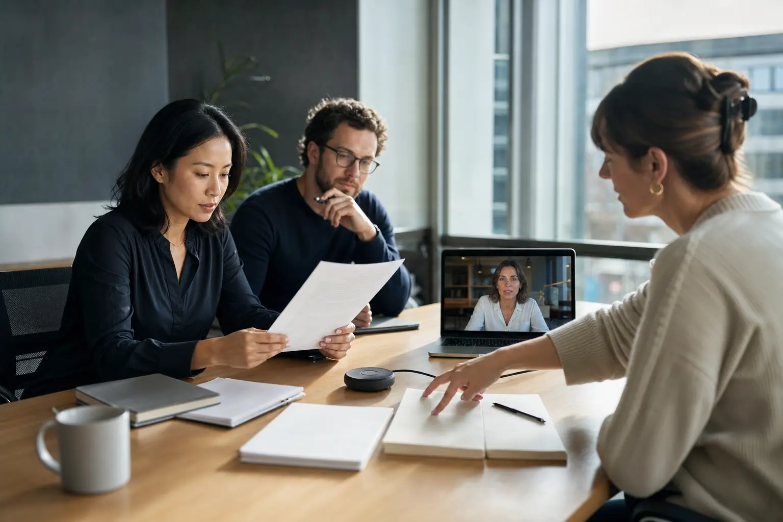 A hybrid team reviews a meeting transcript with a remote participant and organized project notes.