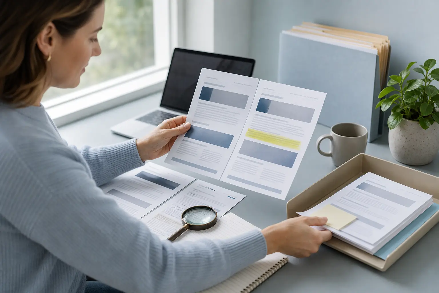 An operations manager compares old and new public-page captures before placing an evidence brief in a human approval tray.