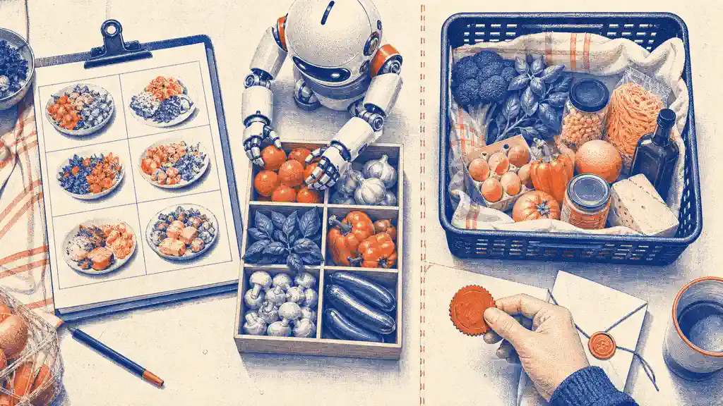 A top-down grocery workflow shows a mechanical assistant sorting approved ingredients while a human hand alone holds the final purchase seal.