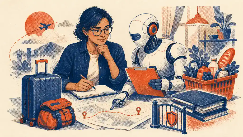 A woman supervises one mechanical assistant coordinating travel, household shopping, scheduled work and guarded actions from a central table.