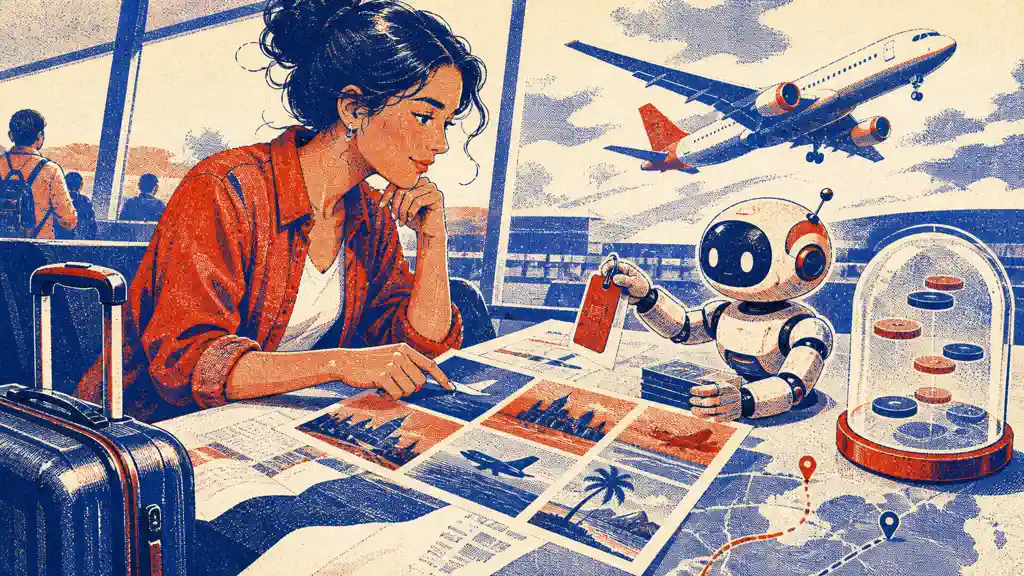 A traveler reviews flight and hotel options gathered by a small mechanical travel assistant at an airport table.