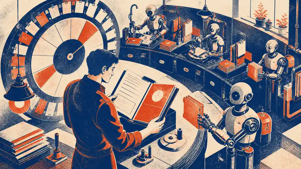 A human conductor reviews a goal ledger while several mechanical workers continue scheduled tasks around a large calendar wheel.