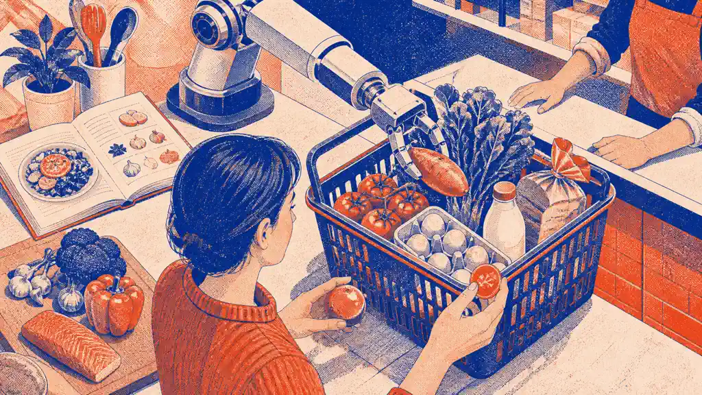 A household shopper checks a basket while a robotic arm matches recipe ingredients to familiar groceries.