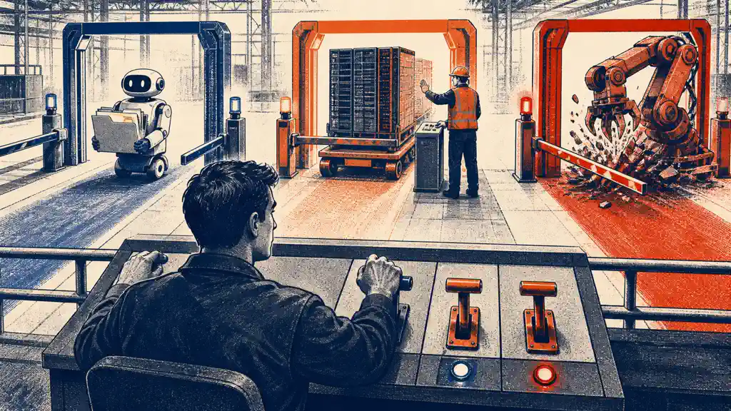 A safety operator controls three physical lanes that allow routine work, hold a deployment for approval and block a destructive machine.