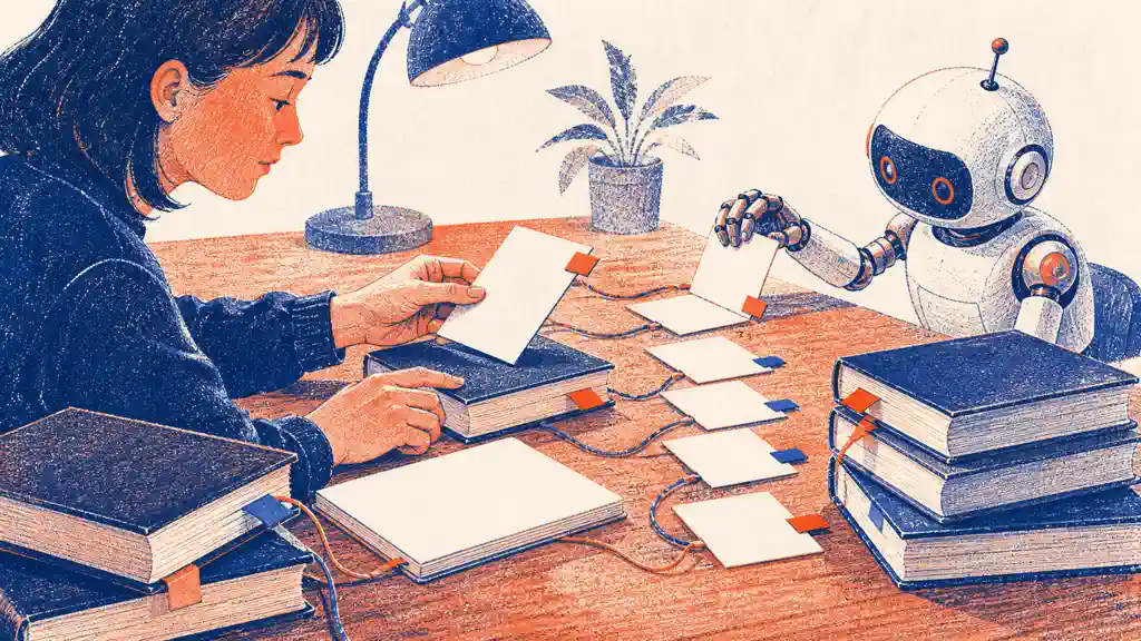 A reader and mechanical research assistant connect blank evidence cards to a set of owned books using matching colored tabs.