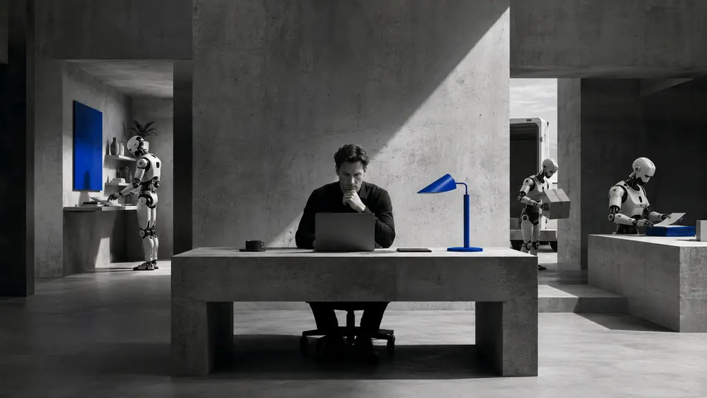 A business operator works at a central desk while three mechanical assistants handle a website, a parcel exception and a contract in separate concrete work areas.