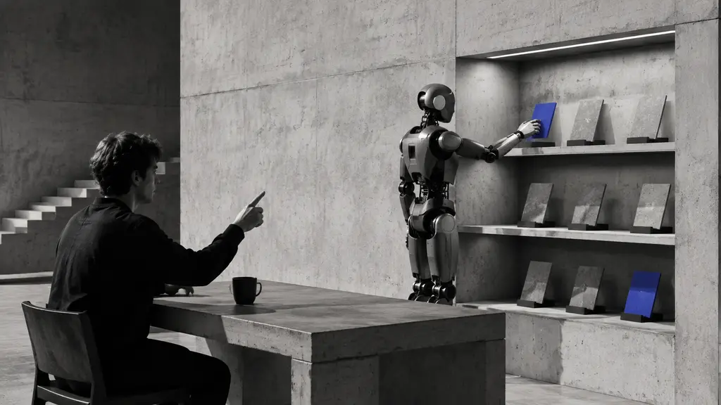 A new user gives one instruction while a mechanical assistant prepares a workspace and organizes reusable skill cards on concrete shelves.