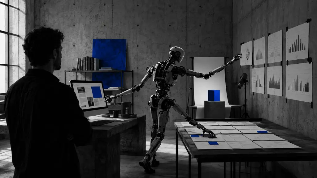 A small-business owner watches a mechanical assistant coordinate website, product photography, content planning and analysis in one office.