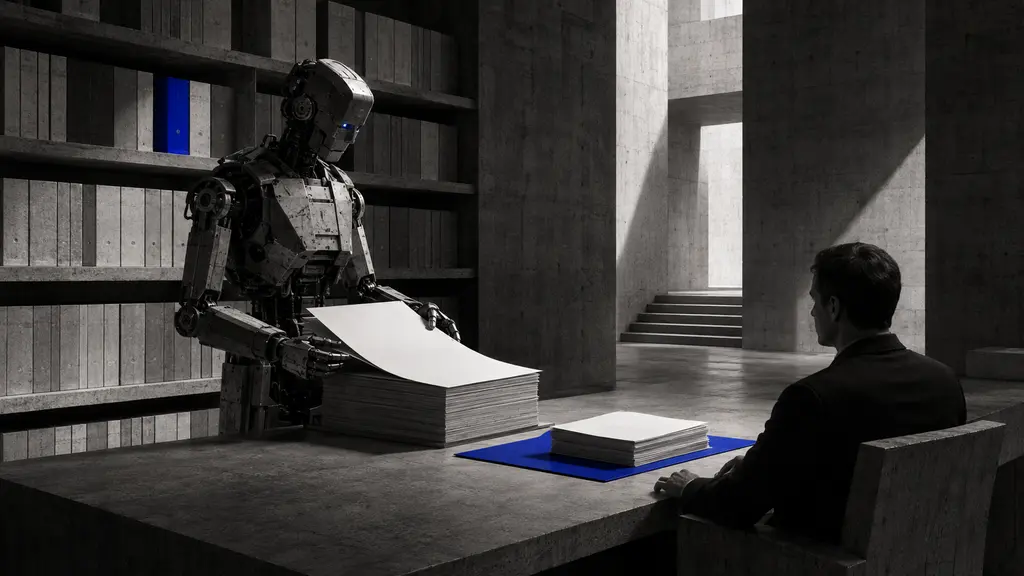 A mechanical agreement assistant compares a contract with an orderly archive before presenting it to a human decision-maker.