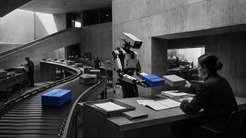 A mechanical parcel agent traces a delayed package through a conveyor system and presents resolution options to a human service lead.