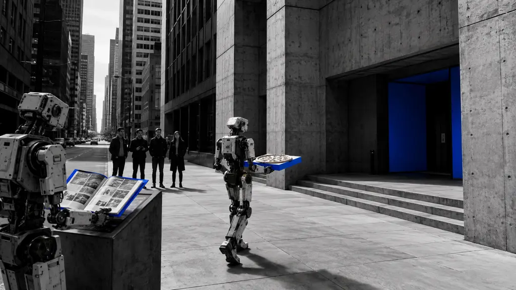 A mechanical agent uses a city directory, selects an open pizza shop and carries a boxed order toward an office entrance.