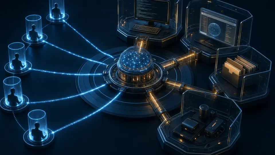 Several message senders connected through one central gateway to separate browser, filesystem, runtime, and device compartments