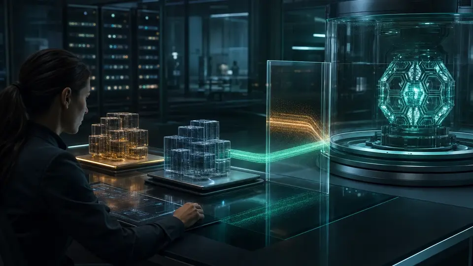 An operator comparing approved and blocked paths through a transparent security barrier before accepting an AI runtime