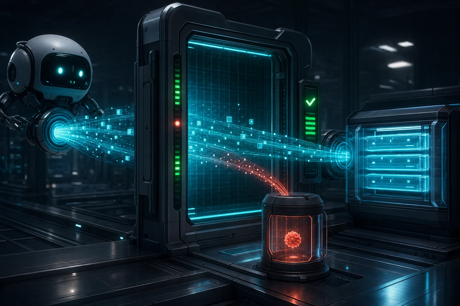 Editorial visualization of an automated canary test detecting and blocking a secret from an AI agent telemetry export