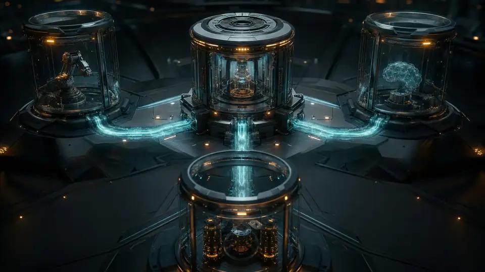 Several isolated runtime chambers receiving one controlled configuration stream through a central activation gate