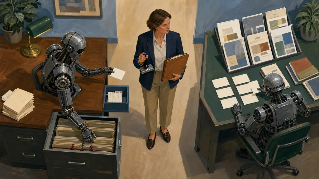 A small-business owner reviews three vendor contracts while a local agent works from redacted cards and the owner retains final approval.