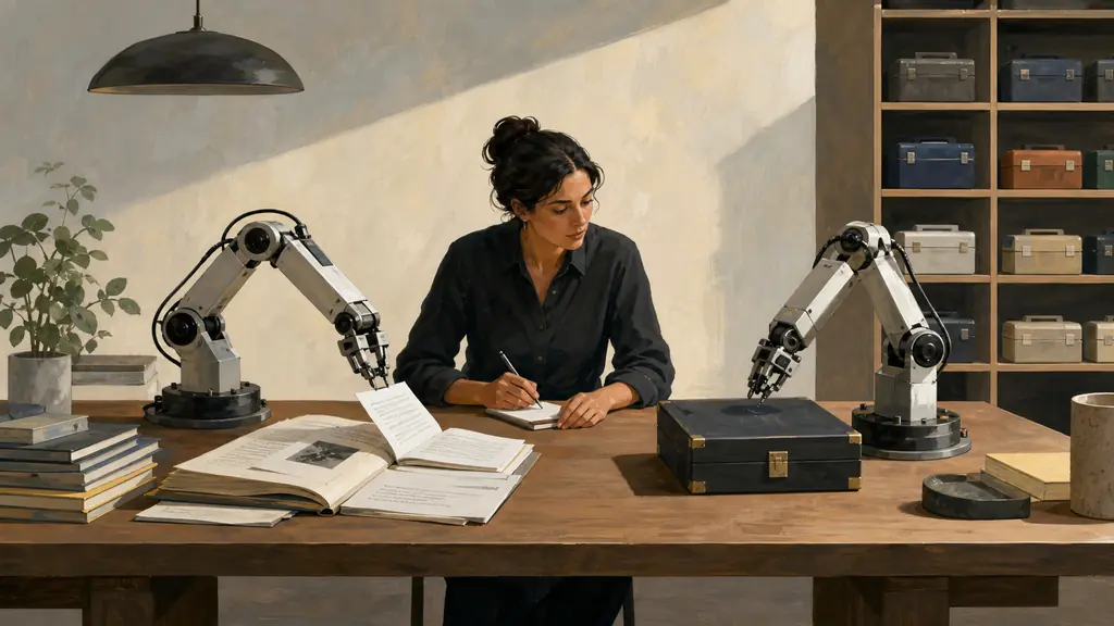 A professional directs one mechanical assistant through public research while a second works beside a closed confidential case at the same studio table.