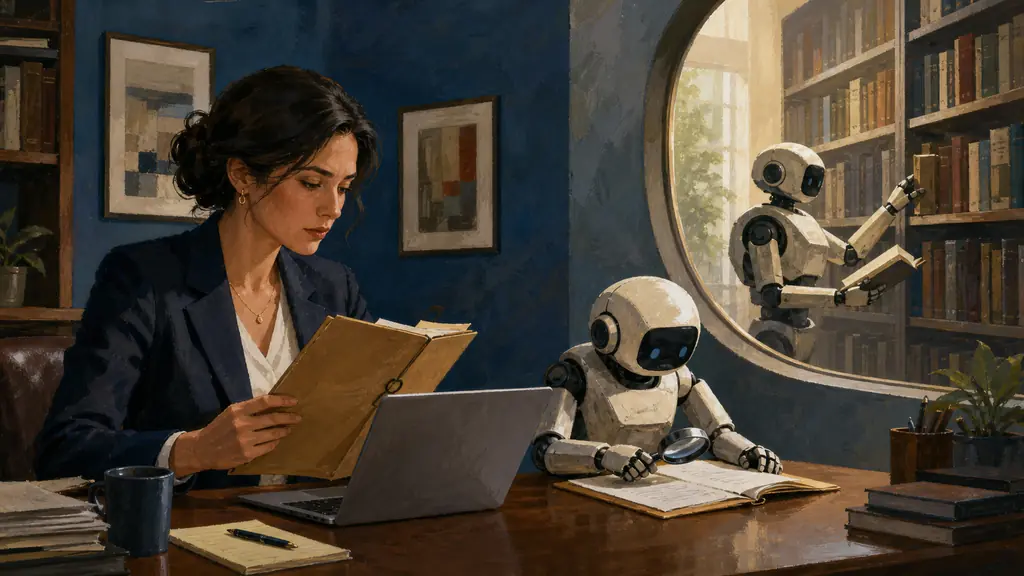 A lawyer and local mechanical assistant review a private folder while a separate assistant researches public library shelves.