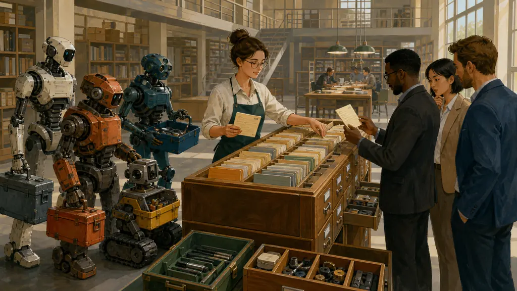 A catalog librarian organizes varied mechanical workers and their tool cases while a business team selects an approved assistant.