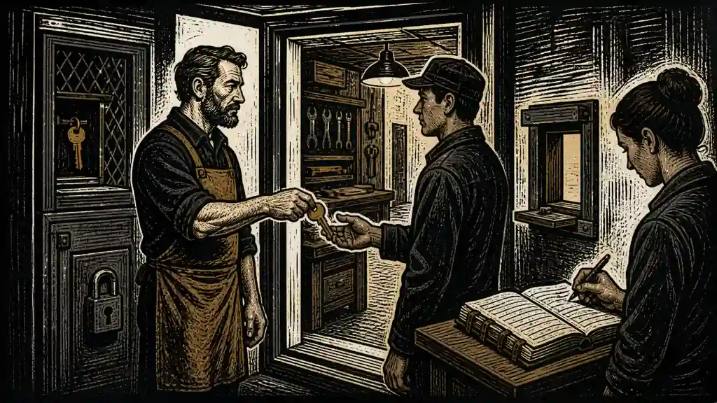 An owner hands a task-specific key to a worker while an auditor records the controlled handoff.