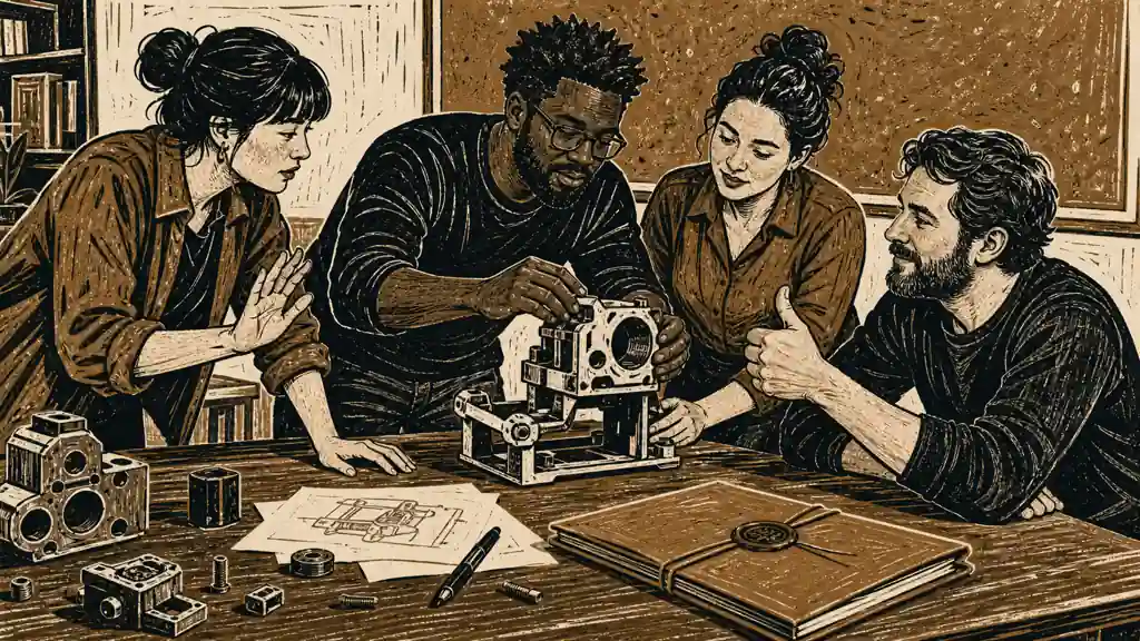 A product team jointly assembles and approves one prototype at a shared worktable.