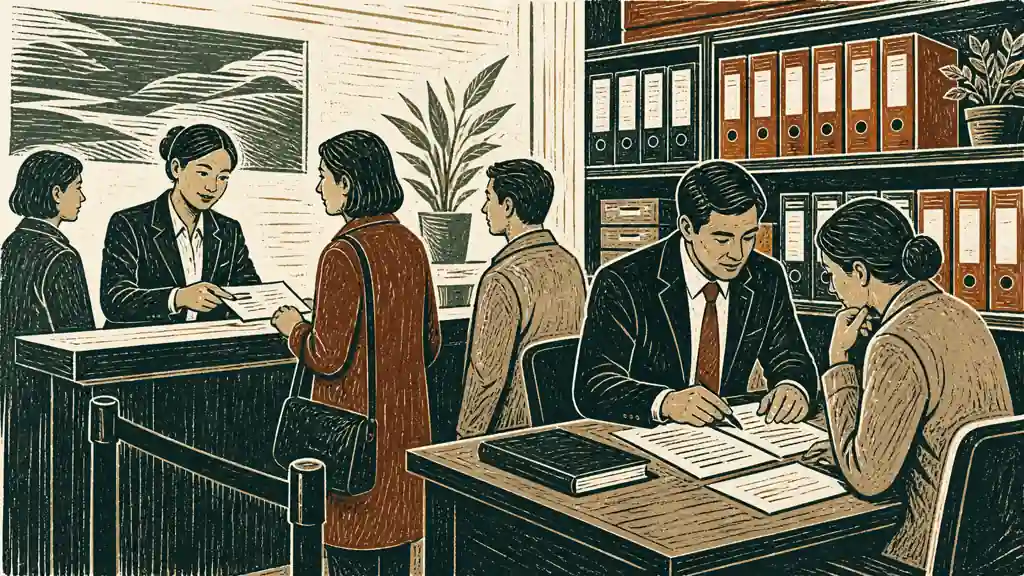 A bank serves routine questions quickly while an adviser concentrates on a complex customer case.