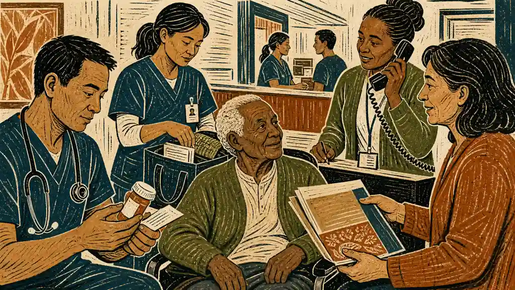A hospital team coordinates medicine, transport and home-care information around a patient leaving care.