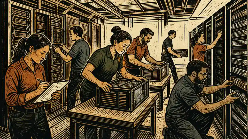 Cloud engineers inspect, move and verify application hardware through coordinated migration stations.