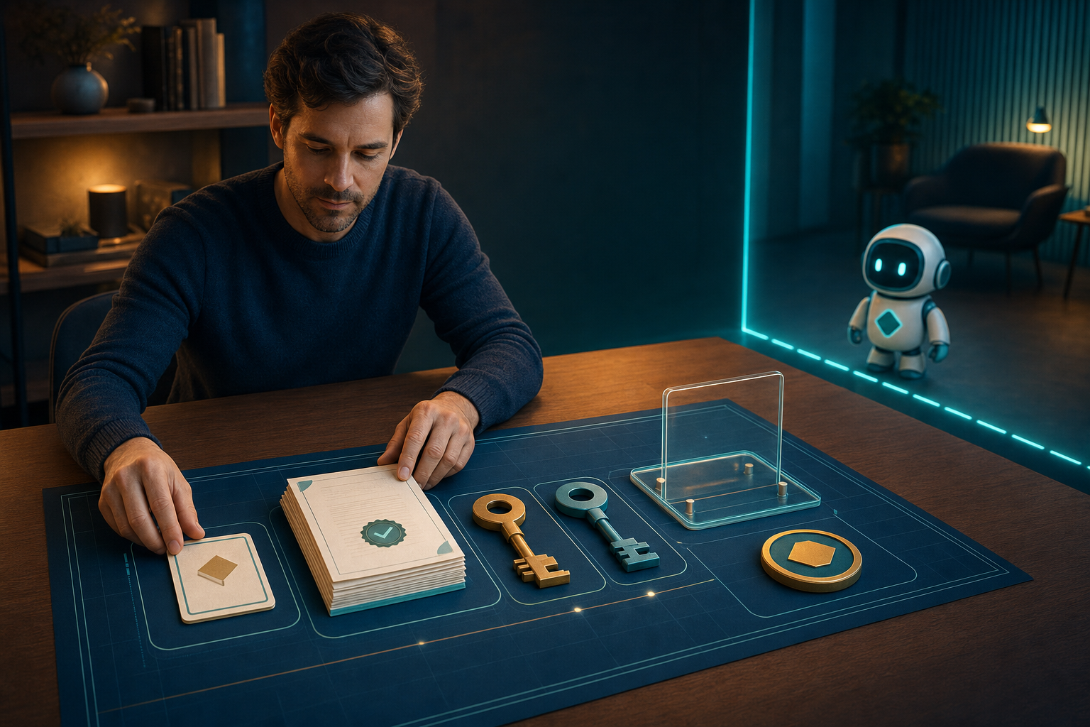 A human operator arranging a task card, source evidence, tool key, safety boundary, and completion checklist into one agent contract