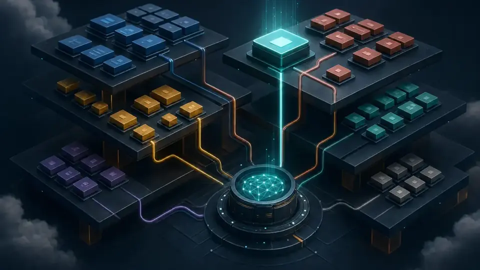 Layered skill sources converging on one selected high-priority workflow module for an AI agent