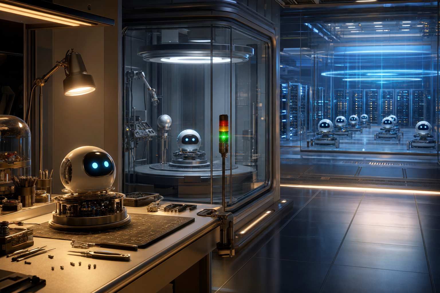 An AI agent moving from a local development workspace through testing into a monitored managed runtime