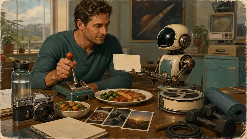 A person holds an approval lever while a small assistant proposes one blank habit card beside meal photos and exercise gear.