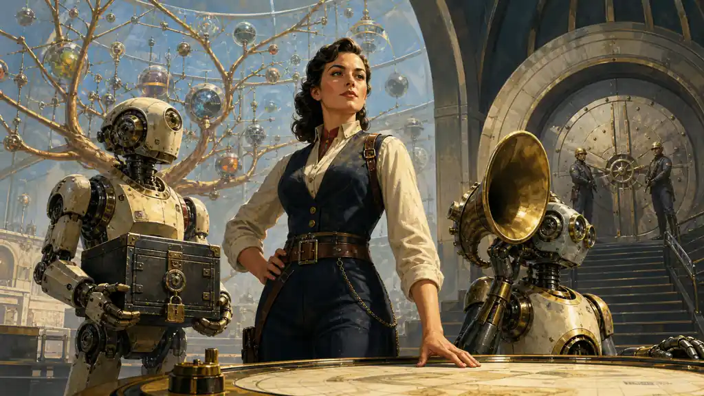 A human operator supervises helpful mechanical agents handling a locked payment case, voice requests, research networks and a guarded vault.