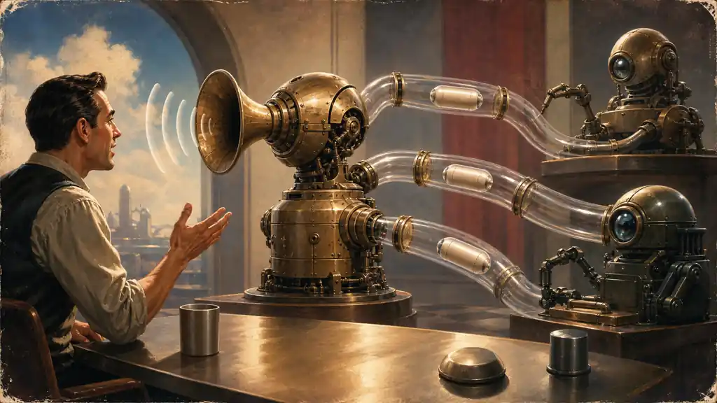 A person speaks to a central mechanical messenger that routes three blank evidence capsules to two other agents.