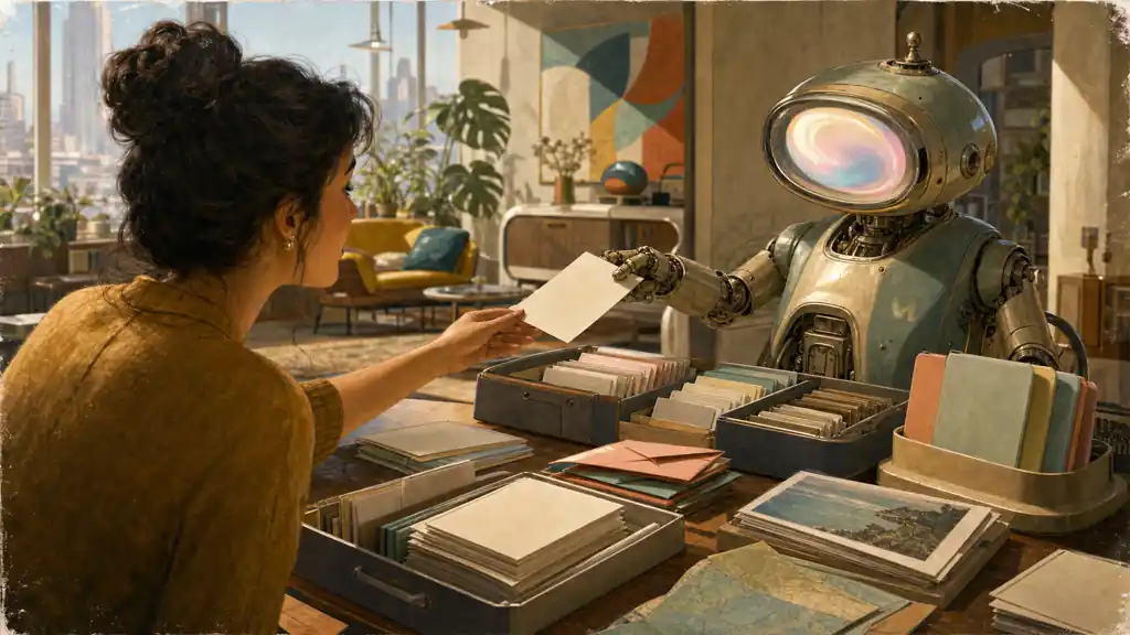 A home assistant finds and returns one blank receipt from an orderly private archive of photos, mail and calendar cards.