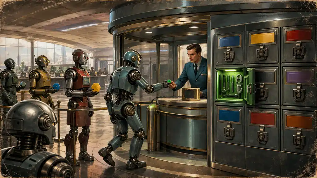 A security lead gives one mechanical worker a short-lived task token and opens only its matching tool cabinet.