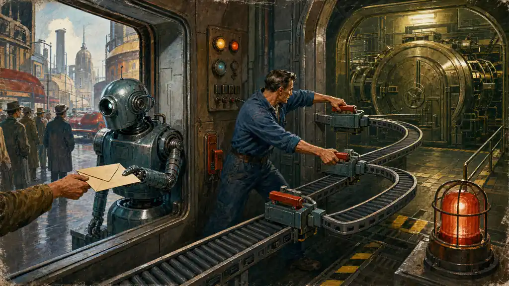 An engineer disconnects three conveyor links between a public intake robot and a locked high-privilege machine room.