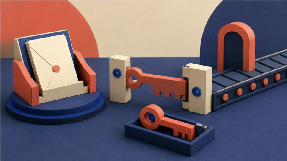A sealed mail draft waiting beside a mechanical key bridge while the outbound conveyor remains disconnected