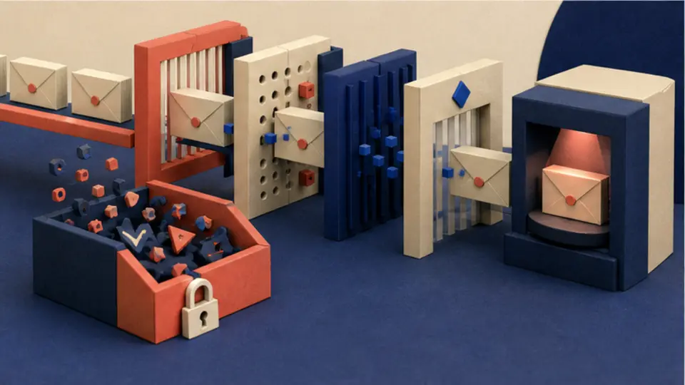 Modular paper mail packets passing through several filtering gates while rejected fragments collect in a locked quarantine bin