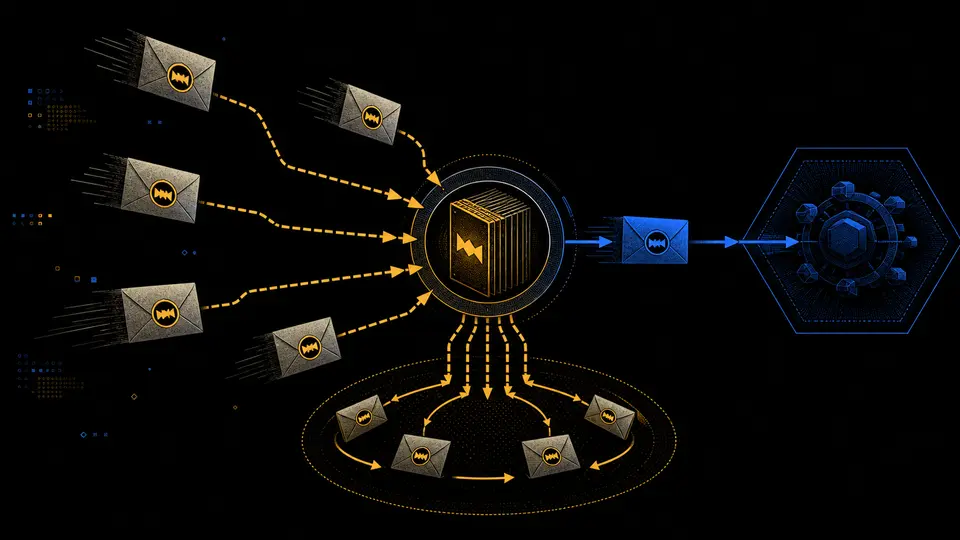 Several identical webhook packets converge on one receipt ledger while duplicate deliveries loop back without re-entering the proposal engine