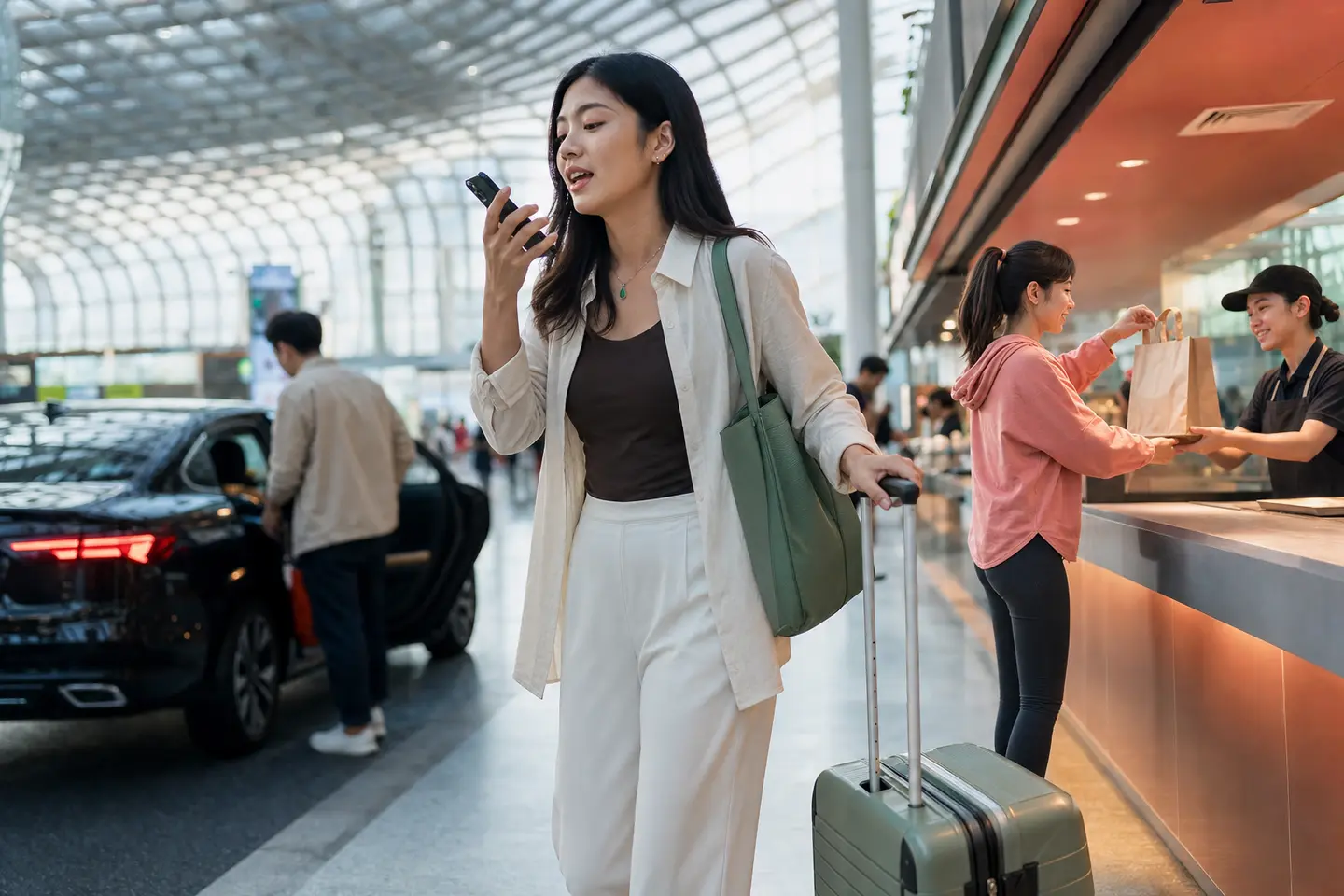 A traveler speaks to a smartphone while a ride, luggage and food pickup converge in one transit hall.