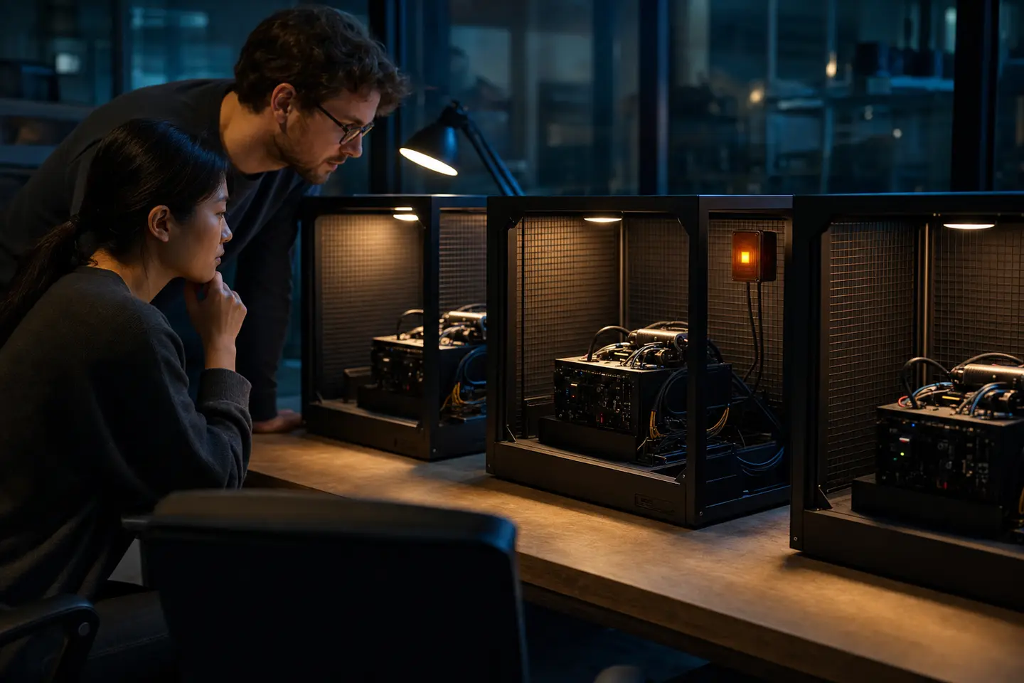 Two engineers inspect three separated compute lanes, including one clearly stopped task.