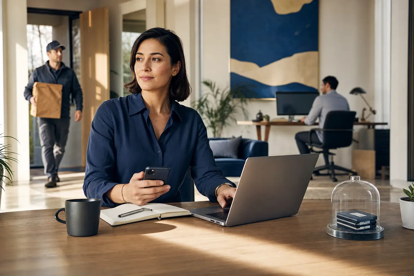 An operations professional supervises phone, laptop and delivery work from a sunlit office.